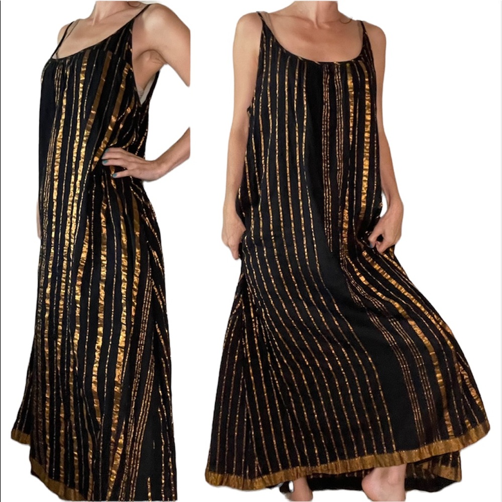 Aish luxury Designer Black Flowy Macy Dress Black copper Metallic sheen …
